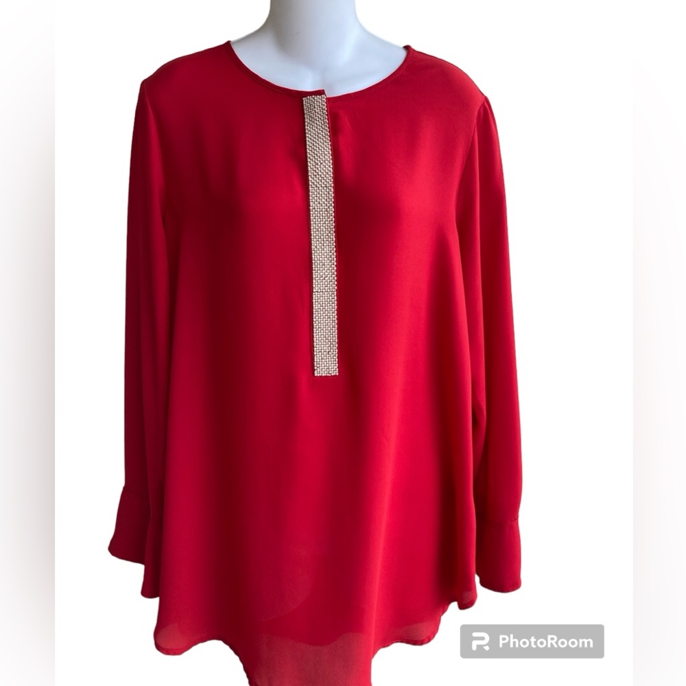 Liz Claiborne Career Holiday Red Beaded Trim Blouse Top Tunic Medium Long Sleeve